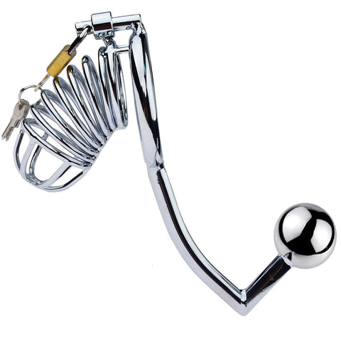 LHD Pro Stainless Steel Male Chastity Penis Cage Kit with Anal Hook & Handcuffs