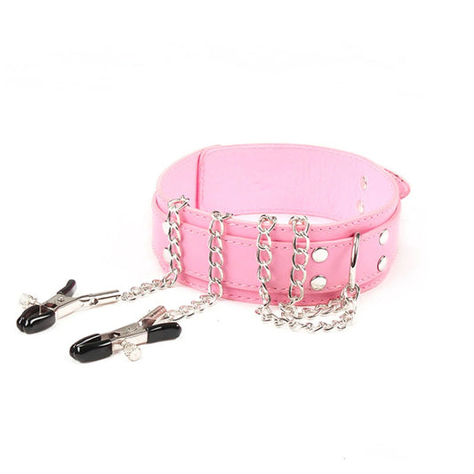 BDSM Collar & Metal Nipple Clamps - Pink