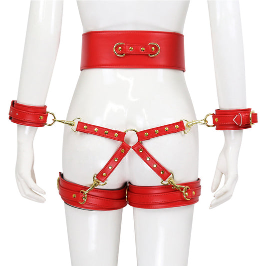 BDSM Handcuffs & Leg Harness Restraint Bondage Kit - Red