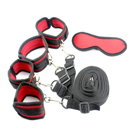 Under Bed Bondage Restraint Kit - Adjustable Handcuffs, Ankle & Wrist Cuffs with Spreader & Blindfold Under Bed Bondage Restraint Kit - Adjustable Handcuffs, Ankle & Wrist Cuffs with Spreader & Blindfold