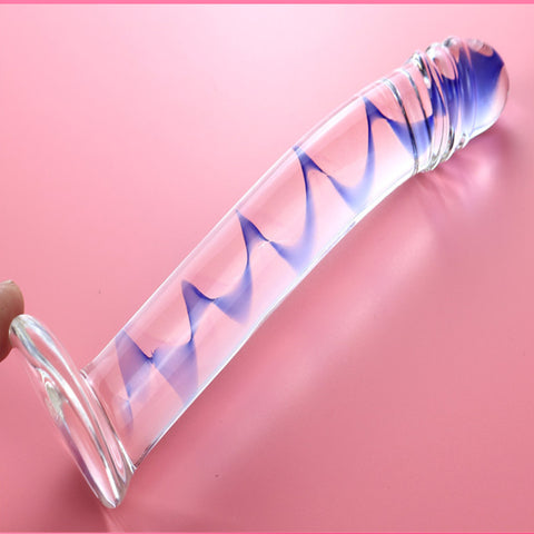 17cm Crystal Spiral Realistic Glass Dildo & Anal Plug Thruster - Blue