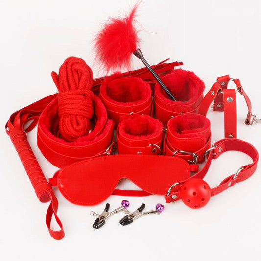 BDSM 10-Piece Bondage Kit - Red Fetish Restraint Set for Couples Play