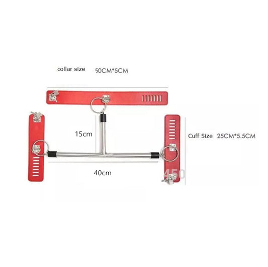 BDSM Spreader Bar Restraint Set - Neck T-Collar with Wrist & Handcuffs