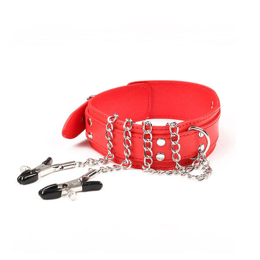 BDSM Red Collar with Metal Nipple Clamps - Bondage Restraint Set