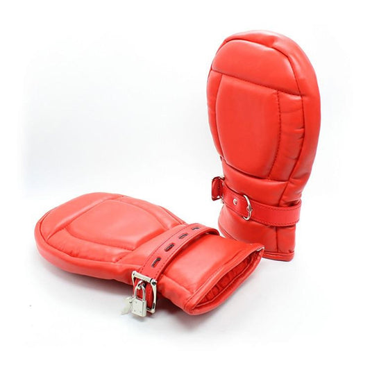 BDSM PU Puppy Play Mittens Soft Dog Gloves Restraint Adjustment - Red
