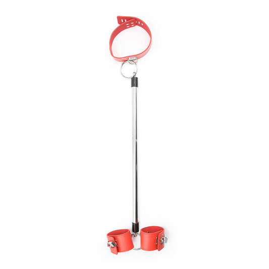 BDSM Bondage Handcuffs & Collar Back Spreader Bar - Red