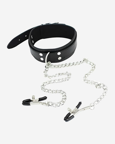 BDSM Collar & Metal Nipple Clamps - Black