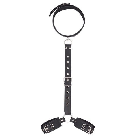 BDSM Neck Collar with Handcuffs Binding Bondage Restraint Kit - Black