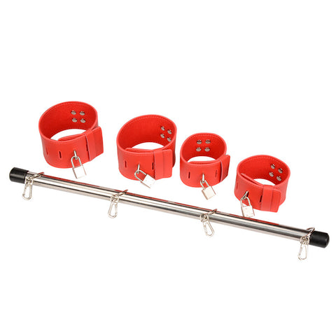 BDSM Spreader Bar with Ankle & Wrist Handcuffs - Adjustable Bondage Restraint in Red