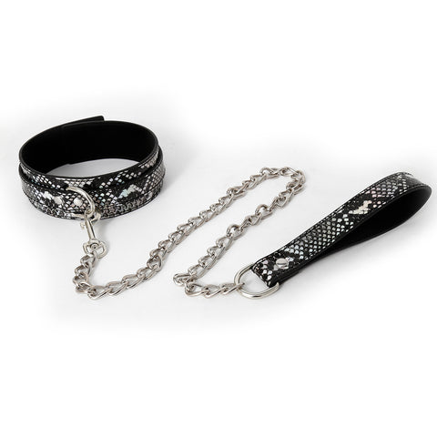 BDSM Snakeskin Style Bondage Collar & Leash - Black