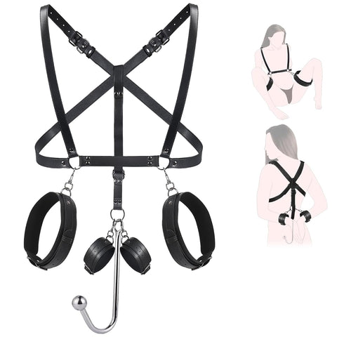 BDSM Anal Hook Bondage Restraints Kit with Adjustable Thigh Sling & Breasts Harness