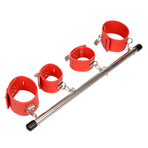 BDSM Spreader Bar with Ankle & Wrist Handcuffs - Adjustable Bondage Restraint in Red