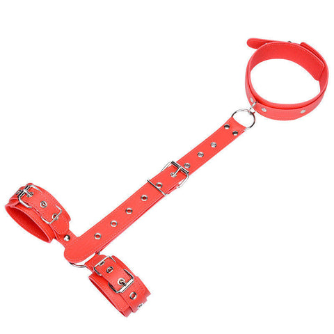 BDSM Neck Collar with Handcuffs Binding Bondage Restraint Kit - Red