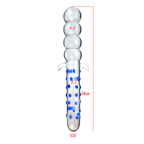 28cm Large Beaded Glass Dildo / Anal Plug Thruster - Blue