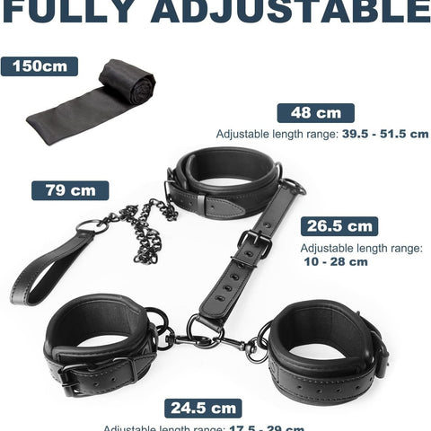 BDSM Restraint Bondage Kit Neck-to-Wrist with Leash & Eye Mask - Black