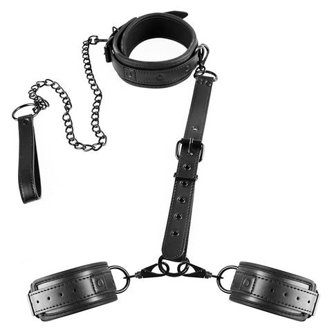 BDSM Restraint Bondage Kit Neck-to-Wrist with Leash & Eye Mask - Black