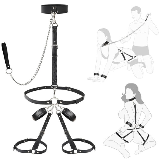 BDSM Bondage Restraints Set Wrist & Thigh Cuffs plus Collar & Leash