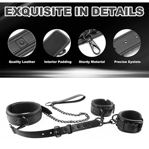 BDSM Restraint Bondage Kit Neck-to-Wrist with Leash & Eye Mask - Black