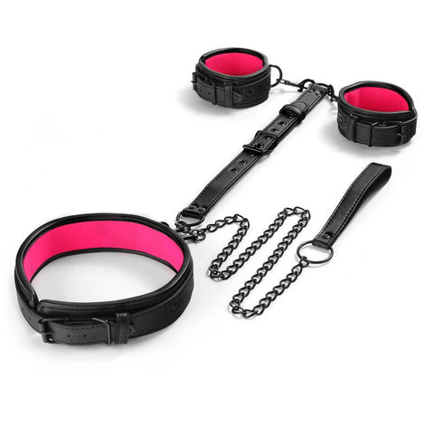 BDSM Restraint Bondage Kit Neck-to-Wrist with Leash & Eye Mask - Black&Rose