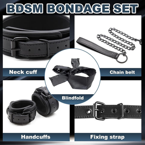 BDSM Restraint Bondage Kit Neck-to-Wrist with Leash & Eye Mask - Black