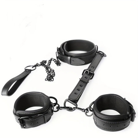 BDSM Restraint Bondage Kit Neck-to-Wrist with Leash & Eye Mask - Black