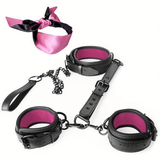 BDSM Restraint Bondage Kit Neck-to-Wrist with Leash & Eye Mask - Black&Rose