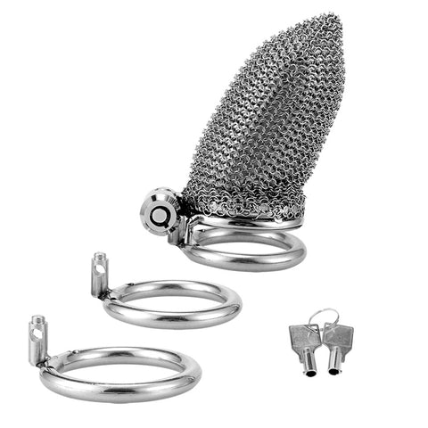 BDSM Hollow Mesh  Male Chastity Cage Stainless Steel - Large Size with 3 Rings