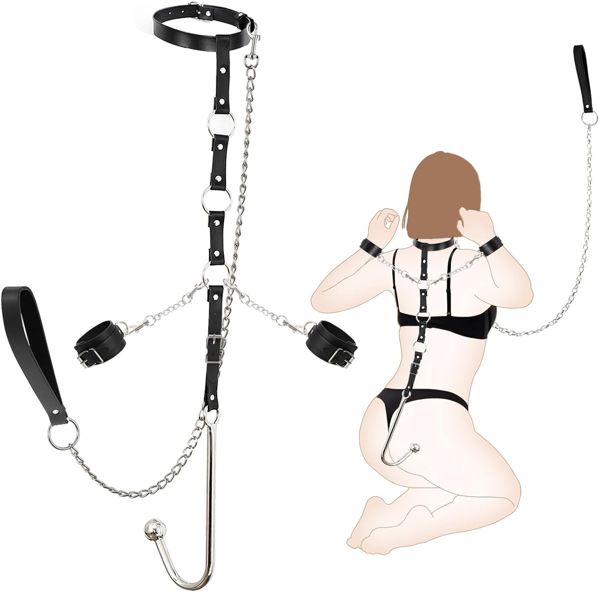 BDSM Anal Hook Restraints Strap Bondage Kit with Collar & Handcuffs