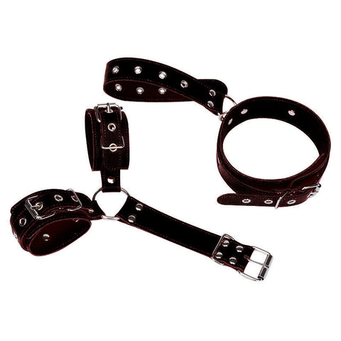 BDSM Neck Collar with Handcuffs Binding Bondage Restraint Kit - Black