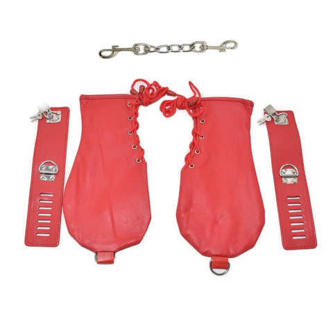 BDSM PU Bondage Puppy Play Mittens - Dog Gloves with Lockable Restraint Cuffs (Red)