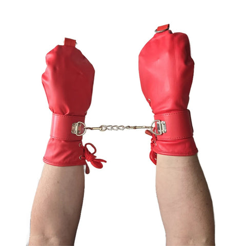 BDSM PU Bondage Puppy Play Mittens - Dog Gloves with Lockable Restraint Cuffs (Red)