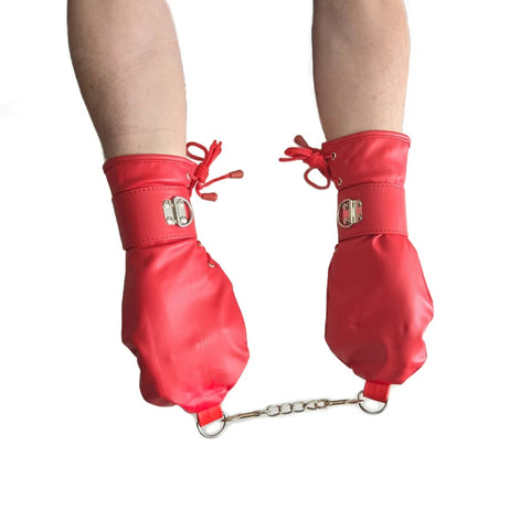 BDSM PU Bondage Puppy Play Mittens - Dog Gloves with Lockable Restraint Cuffs (Red)