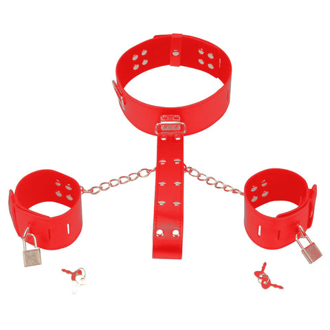 3in1 BDSM Collar & Handcuffs Binding Strap Bondage Kit - Red