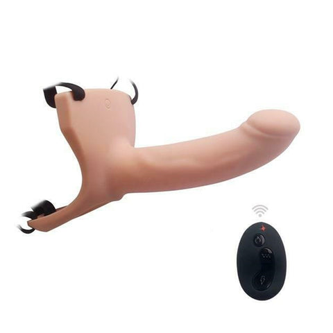 Aphrodisia Remote Control Vibrating Hollow Strap-On Dildo 6.7" Silicone Penis Sleeve Extender - Flesh