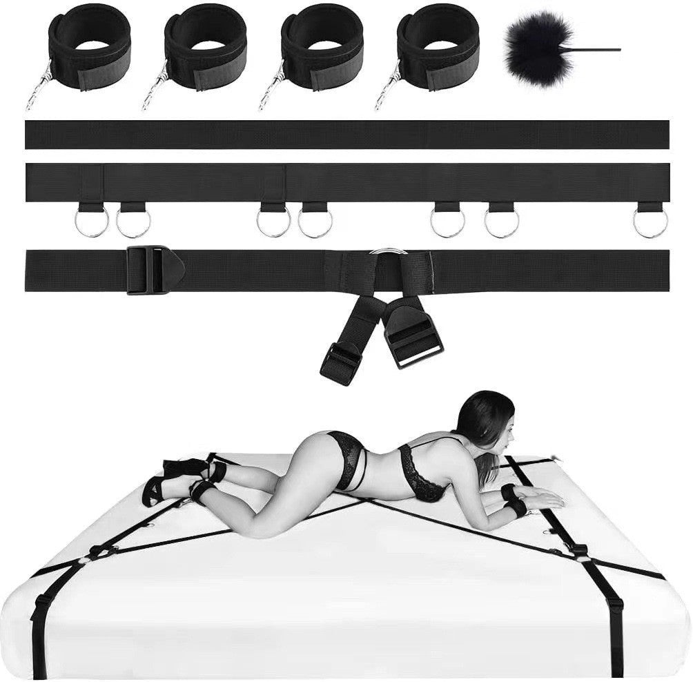 BDSM Under Bed System Hand Ankle Cuffs Restraints Strap Bondage Kit with Tickler