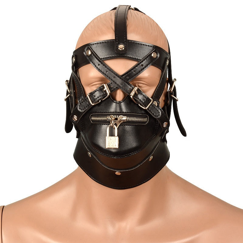 BDSM Bondage Hood Head Harness with Mouth Zipper & Padlock