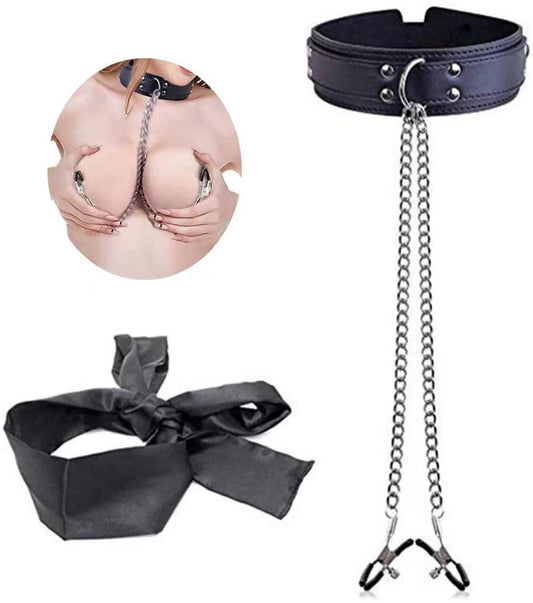 BDSM Submission Collar with Nipple Clamps & Satin Blindfold Eye Mask