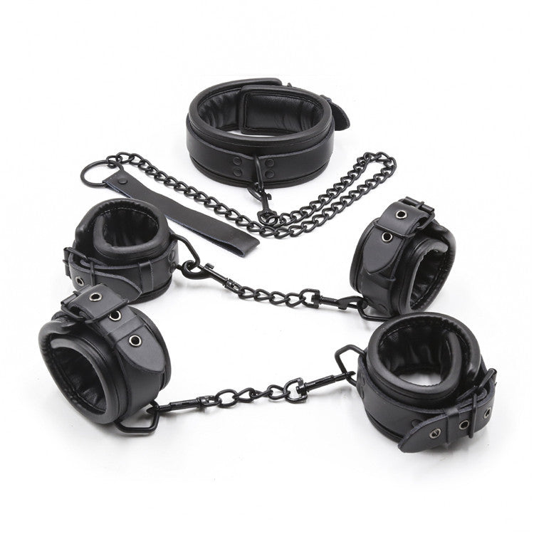 Real Leather Collar & Handcuffs & Ankle Cuffs Restraint Bondage Kit