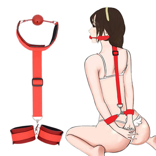 BDSM Fetish Ball Gag Collar & Handcuffs Back Restraints Bondage Kit - Red