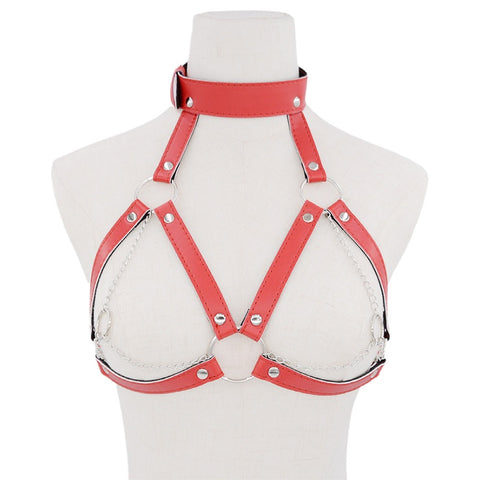 BDSM Breast Bondage with Neck Collar Fetish Body Harness - Red