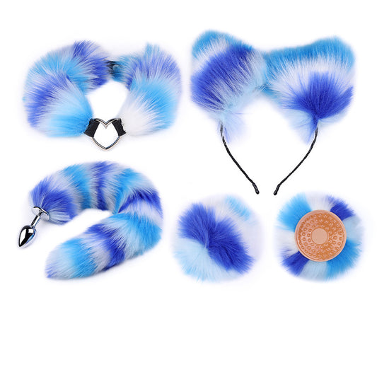 RY Cosplay Furry Fox Tail Anal Plug/Headband/Nipple Clamp/Collar Bondage Kit - Blue&White