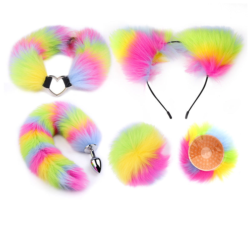 RY Cosplay Furry Fox Tail Anal Plug/Headband/Nipple Clamp/Collar Bondage Kit - Multicolor