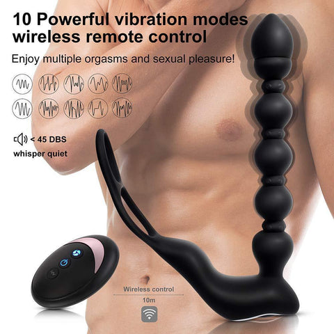 Auto Heating Remote Control Prostate Massager & Cock Ring Anal Beads