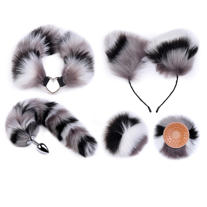 RY Cosplay Furry Fox Tail Anal Plug/Headband/Nipple Clamp/Collar Bondage Kit - Grey White & Black