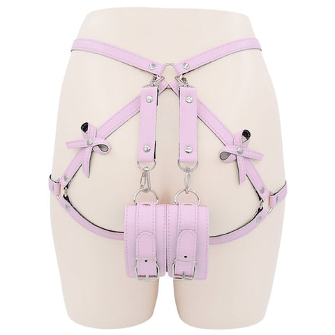 BDSM Sexy Harness Belt Handcuffs & Leg Restraints Bondage Kit - Pink