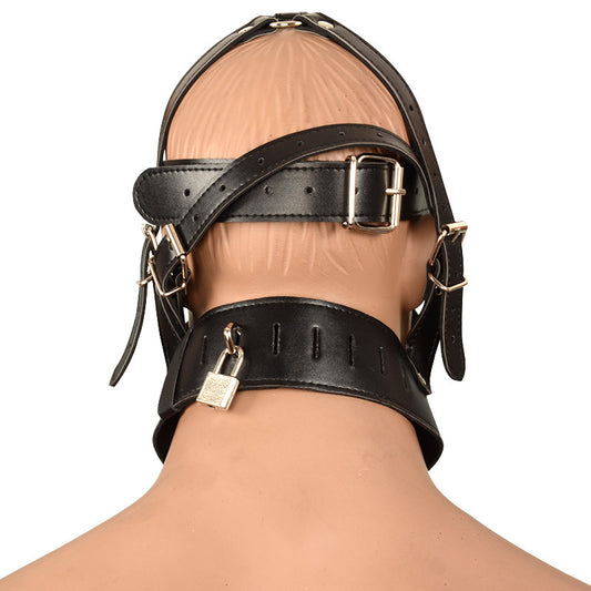 BDSM Bondage Hood Head Harness with Mouth Zipper & Padlock