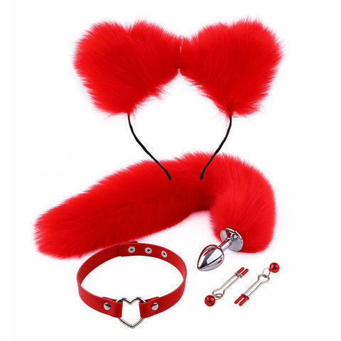 RY Cosplay Furry Fox Tail Anal Plug/Headband/Collar/Nipple Clamps Cosplay Kit - Red