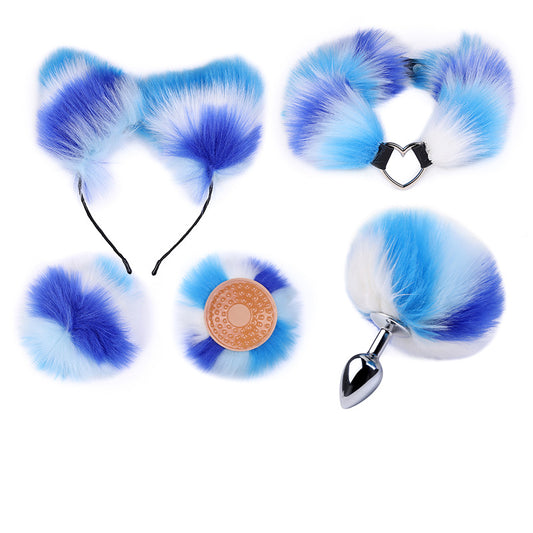 RY Cosplay Furry Rabbit Tail Anal Plug/Headband/Nipple Clamp/Collar Bondage Kit - Blue&White