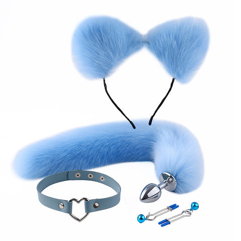 RY Cosplay Furry Fox Tail Anal Plug/Headband/Collar/Nipple Clamps Cosplay Kit - Blue