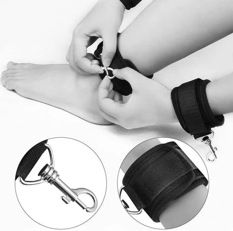 BDSM Under Bed System Hand Ankle Cuffs Restraints Strap Bondage Kit with Tickler